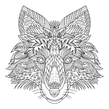 Zentangle elementli bir köpek kafası. Meditasyon ve anti-stres için yetişkinler için boyama kitabı sayfası. Kürklü hayvan portresinin vektör illüstrasyonu.