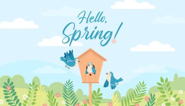 Merhaba Spring kuşlu ve kuş evli karikatür çizimi. Duvar kağıdı, baskı, pankart, web sayfası için vektör grafik sanatı. Gökyüzü, bulutlar, mavi kuşlar, orman, bitkiler, çiçekler.