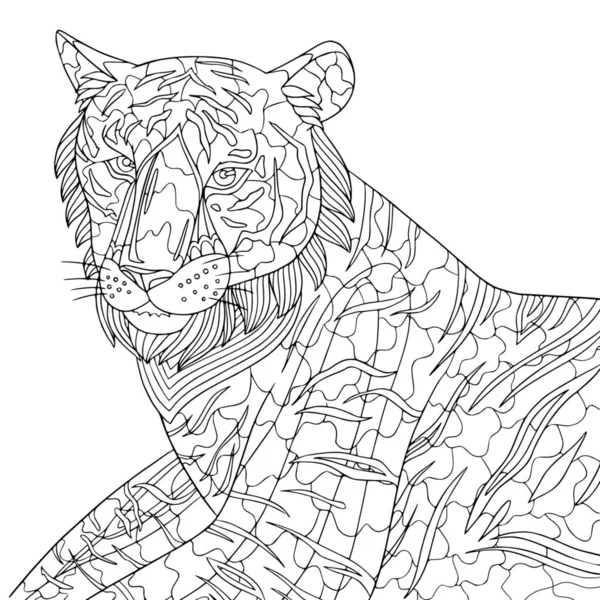 Tigre Retrato Línea Arte Página Para Colorear Libro Para Adultos — Archivo Imágenes Vectoriales