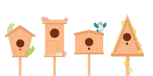 Set Wooden Birdhouses Vector Clip Art Isolated Illustration Home Birds — Stock Vector