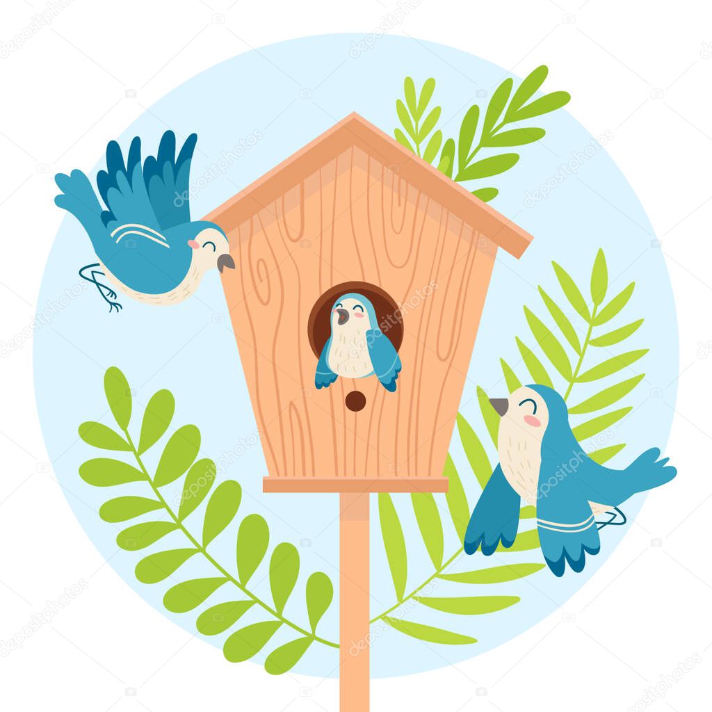 Family blue birds near birdhouse. Cartoon vector spring illustration in wooden home. Happy nature clip art isolated.