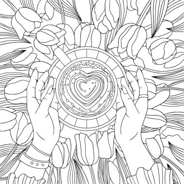 Laleler düzleştirilmiş boyama kitabı sayfası kahve molası. Braekfast hakkında meditasyon yapmak için karalama ve zenkarga elementli vektör moda illüstrasyonu. Yetişkinler için stres önleyici. 