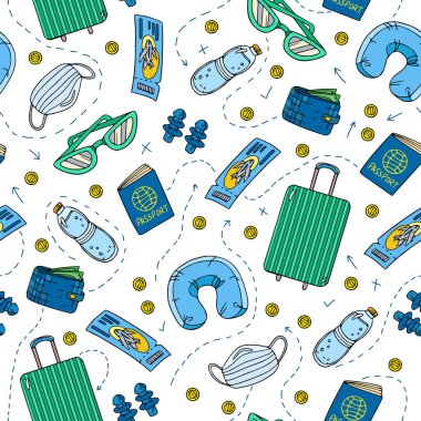 Bavul, ilaç maskesi, su şişesi, para dolu cüzdan, güneş gözlüğü, bilet, pasaport, yastık. Duvar kağıdı, seyahat tasarımı, ambalaj kağıdı için vektör illüstrasyonu.