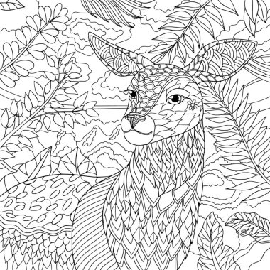 Ormandaki geyik zarif portresi. Yetişkinler için çizgi roman sayfası karalama ve zamazingo ile boyama. İzole edilmiş el çizimi sanatı.