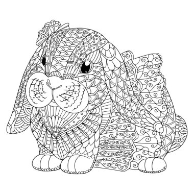 Yetişkinler için sevimli kıyafet boyama kitabı sayfasında yavru tavşan. Meditasyon için karalama ve zenkarga elementli tavşanın vektör illüstrasyonu.
