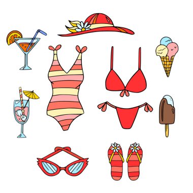 Yazlık kadın plaj eşyaları seti: bikini, parmak arası terlik, şapka, bardak, kokteyl, dondurma. İzole edilmiş el çizimi.