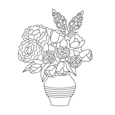 Güllü saksı, laleler, piyonlar, leylak desenli bahar çizimi. Vektör beyazda izole edildi.