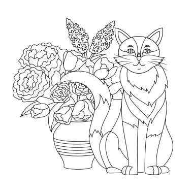 Kürklü kedi içinde güller, leylaklar, şakayıklar olan vazonun yanına oturur. Rahatlamak için zenkartal elementli yetişkinler için boyama kitabı sayfası. Vektör yay çizgisi çizimi.