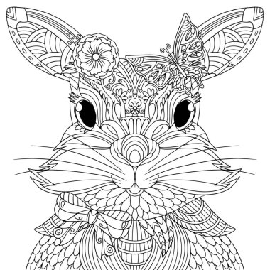 Çiçekli şirin tavşan kız portresi, kelebek, fiyonk. Karalama ve zamazingo öğeleriyle yetişkinler için boyama kitabı sayfası. Vektör el çizimi.