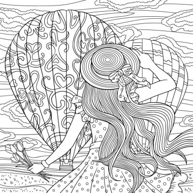 Şapkalı ve yazlık elbiseli kız sıcak hava balonlarına bakar ve çiçek buketi tutar. Karalama ile boyama kitap sayfası ve anti-stres için yetişkin için zenkartal elementler.