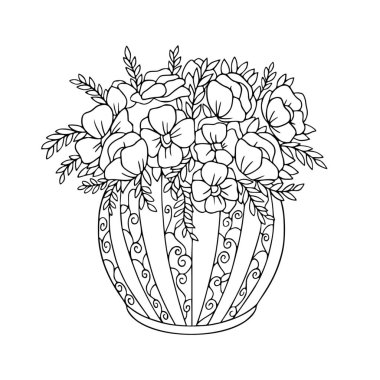 Beyaz üzerine karalama ve el çizimi elementler içeren mor saksı vektör çizimi. Yetişkinler için boyama kitabı sayfası.