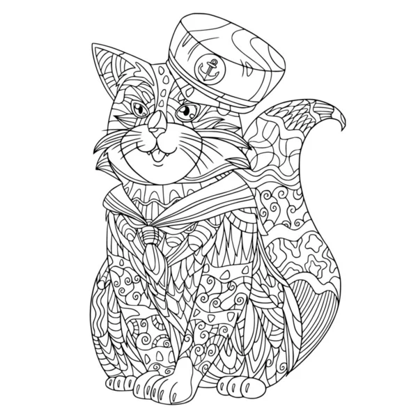 Funny Sailor Cat Sea Clothes Coloring Book Page Isolated Vector — Stock Vector