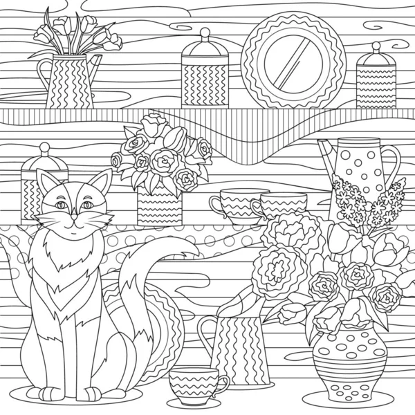 Cat Sentar Perto Louça Vasos Flores Decoração Interiores Desenho Para —  Vetores de Stock