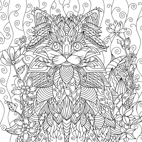 Libro Colorare Gatto Con Fiori Vintage Elementi Zentangle Libro Colorare — Vettoriale Stock