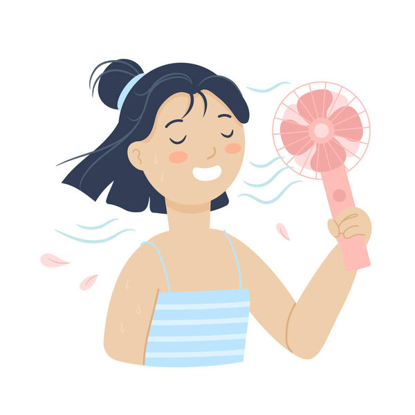 Азиатка держит мини-вентилятор, дующий холодным воздухом. Женщина с вентилятором от жары. Летняя векторная плоская иллюстрация на белом.