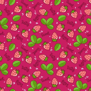 Çilekli, dikişsiz, kıpkırmızı bir arka plan. Renkli taze meyve yaprakları ve ambalaj kağıdı, tekstil, kumaş, duvar kağıdı için kelimeler. Yaz Pembe Vektör hediye kağıdı.