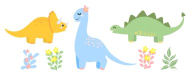 Çocuklar için İskandinav usulü şirin dino vektörü. Stegosaurus, Triceratops, Brontosaurus beyaz üzerine izole edilmiş..