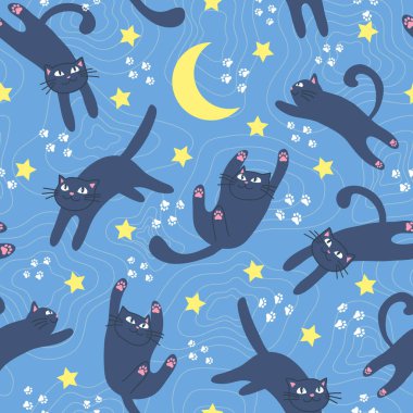 Sevimli siyah kediler kusursuz desen. Sevimli patileri ve gece gökyüzünde ayak izleri olan yıldızlar ve ay arkaplanlı kedicik. Ambalaj kağıdı, yetiştirme, baskı ve tekstil için vektör karikatür.