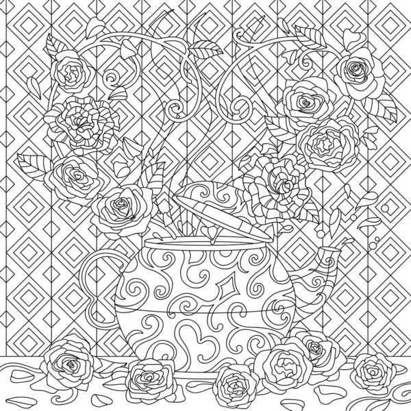 Luxury Teapot Flowers Aroma Ornament Background Vector Coloring Book Page — Stock Vector