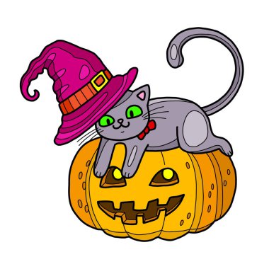 Cadılar bayramı balkabağı tatlı çizgi filminde cadı şapkalı kedi yavrusu. Tatil için vektör illüstrasyonu basılmaya hazır, çıkartmalar. Beyaz üzerine izole Cadılar Bayramı karakterleri.