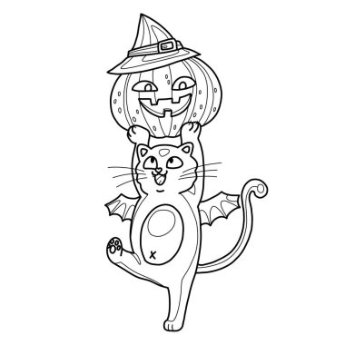 Çocuklar ve yetişkinler için komik cadılar bayramı boyama kitabı sayfası. Yarasa kostümlü kedi cadı şapkasında balkabağı tutuyor. Vektör çizgisi karalama sanatı beyaza izole edildi.
