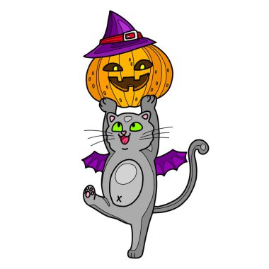 Cadılar Bayramı kostümlü kedi, yarasa kanatlarıyla cadı şapkasında balkabağı tutuyor. Tatil, baskı, çıkartma, dekor kutlaması için vektör izole Clipart.