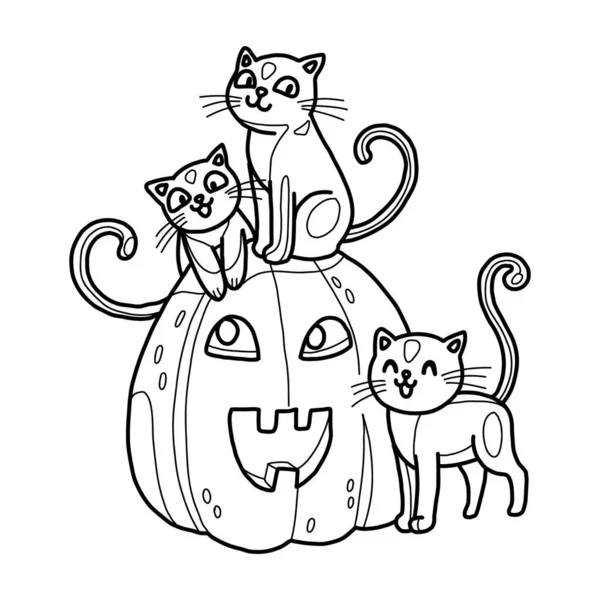 Halloween Kolorowanki Dla Dzieci Zarys Grafiki Kocięta Dynią Razem Zarysować — Wektor stockowy