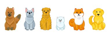 Köpekler izole vektör grupları üretirler. Golden retriever, Pomeranian, bulldog, shar pei, shiba inu, beyaz arka planda çizgi film stili Alman çoban köpeği..