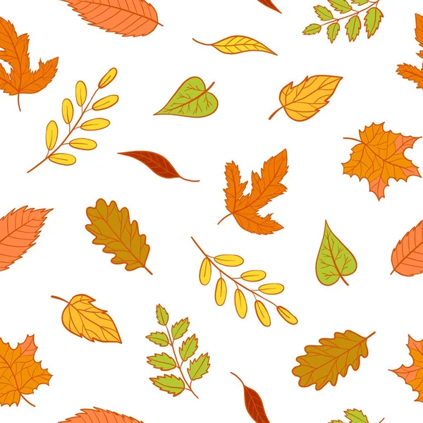 Jesienny Bezszwowy Wzór Kolorowymi Liśćmi Ilustracja Wektorowa Klonem Łabędziem Brzozą — Wektor stockowy