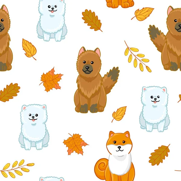 Outono Sem Costura Padrão Com Cães Raça Ilustração Desenho Animado — Vetor de Stock