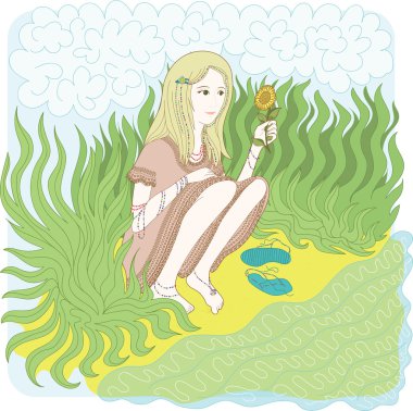 Vektör çizim. Ayçiçeği ile romantik kız