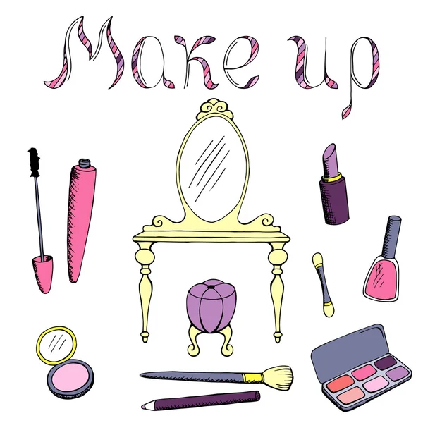 Background abstract pink cosmetics make up lipstick mascara eye shadows nail polish gold ribbon