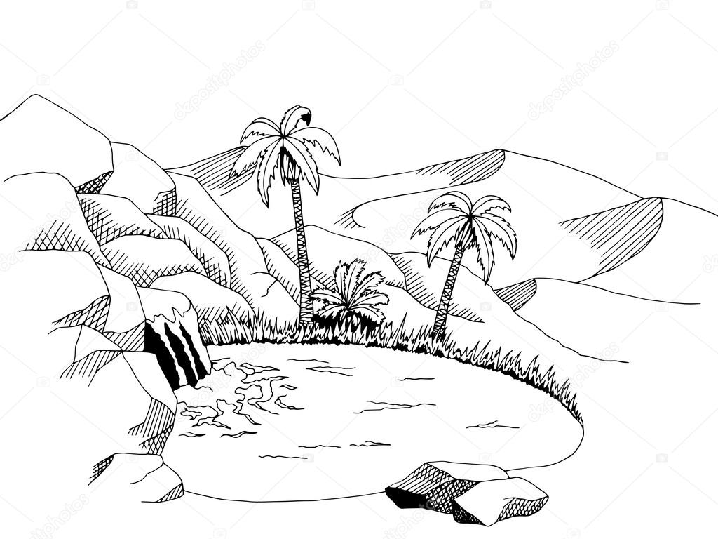 Oasis desert graphic art black white landscape illustration vector — Stock Vector © Aluna11