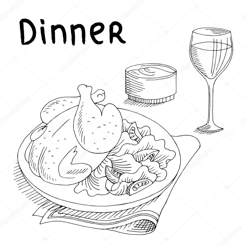 Dinner food chicken salad wine glass graphic art black white sketch illustration vector — Stock