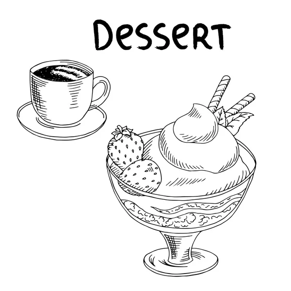 Food, dessert, drink. Hand drawn ice cream, sundae, cup of coffee, tea