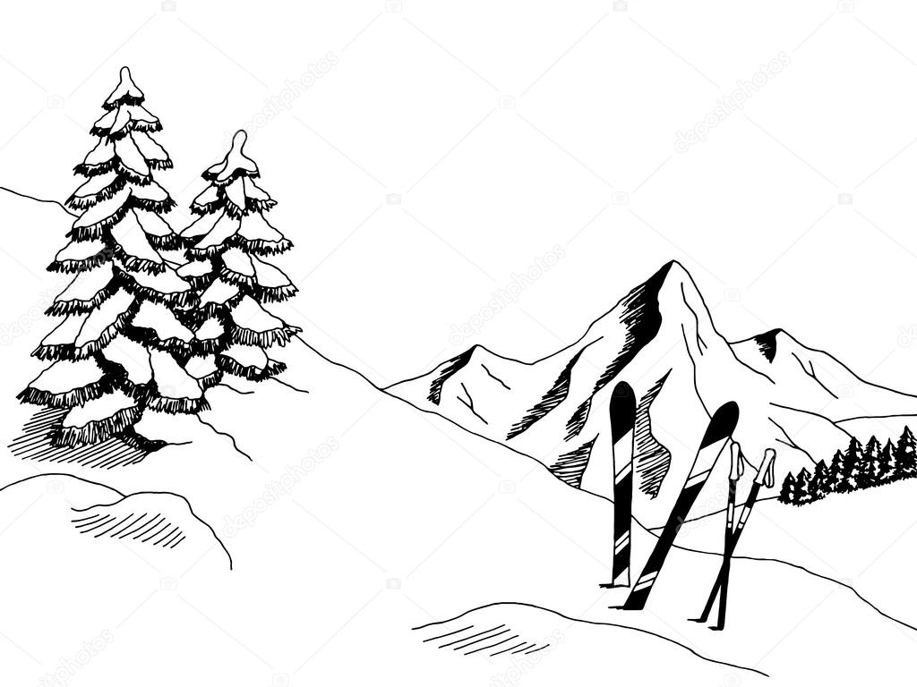 Skiing Graphic Mountain Skiing Graphic Art Black White Landscape Skiing Graphic Mountain Skiing Graphic Art Black White Landscape