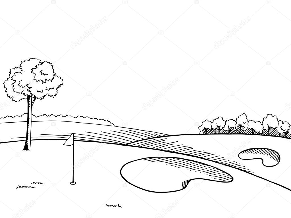 Golf course sketch Golf course graphic art black white landscape