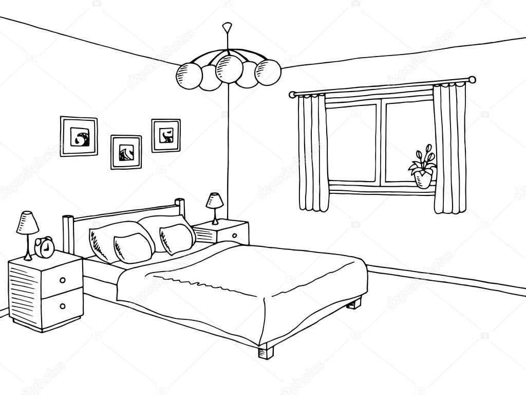 Bedroom Black White Graphic Art Interior Sketch Illustration Vector Vector Image By C Aluna11 Vector Stock 120269084