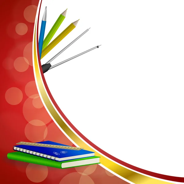 Background abstract school green book blue notebook ruler pen pencil clip compasses red yellow gold ribbon frame illustration vector Royalty Free Stock Illustrations