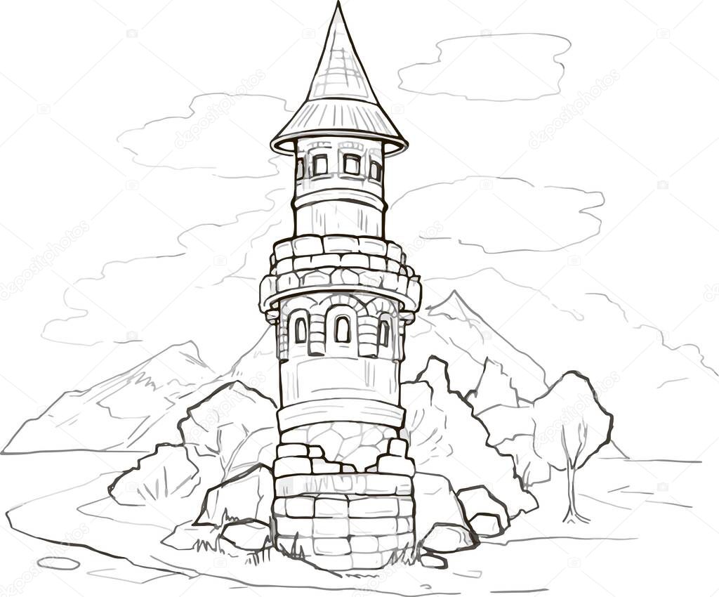 Fairy Tale Castle Outline Illustrations drawn black  tower linear freehand drawing clipart for coloring. Cartoon old high brick building, children's fairy tale princess house guarded by dragon
