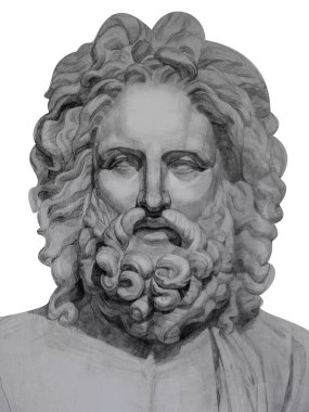 alçı Zeus baş akademik kalem çizim heykeli. Sanatçının baş öğrenci çalışmalarının Yunan deityrealist çizimi. Resim öğretmenliği, sanat tarihi, müzeden mitoloji tarihi eser.