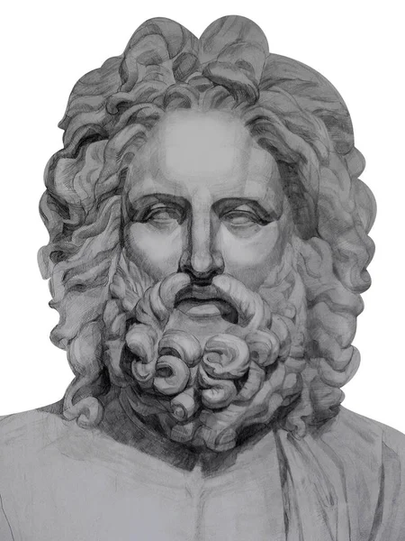 alçı Zeus baş akademik kalem çizim heykeli. Sanatçının baş öğrenci çalışmalarının Yunan deityrealist çizimi. Resim öğretmenliği, sanat tarihi, müzeden mitoloji tarihi eser.