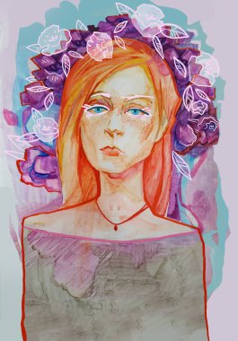 Geleneksel malzemeli bir kız resmi suluboya, kalem, keçeli kalem. Düz bir şekilde portre resmi. Tasarım, dekorasyon ve baskı için stilize edilmiş kadın karakter. Freehand grafik illüstrasyonu