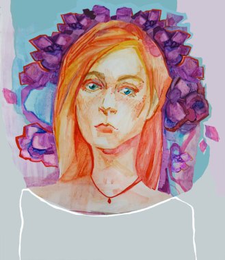 Geleneksel malzemeli bir kız resmi suluboya, kalem, keçeli kalem. Düz bir şekilde portre resmi. Tasarım, dekorasyon ve baskı için stilize edilmiş kadın karakter. Freehand grafik illüstrasyonu