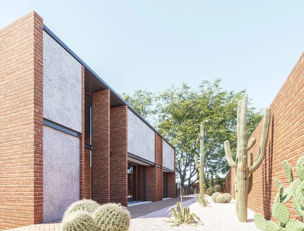 Projektowanie Ogrodów Kaktusowych Centrum Kultury Ceglaną Elewacją Renderowanie — Zdjęcie stockowe