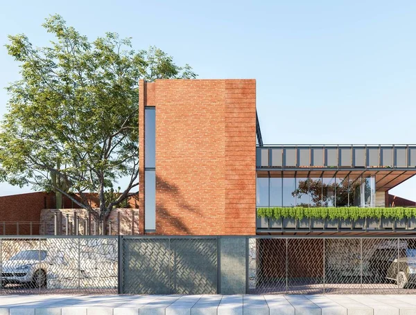 Fachada Moderna Casa Com Janelas Tijolo Detalhes Pedra Renderização — Fotografia de Stock