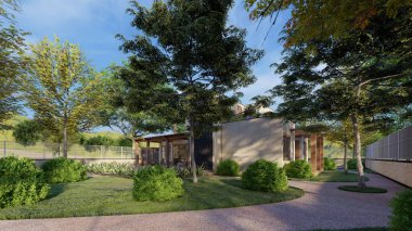 Bahçedeki büyük ağaçlarla çevrili modern evin 3D görüntüsü.