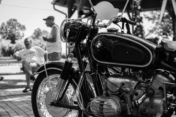 Subotica,Serbia -July 05,2015. Vintage BMW motorcycle on Annual oldtimer car show Subotica 2015.Various vintage cars and motorcycles.In organization of Oldtimer Club.Black and white photo. — Stock Fotó