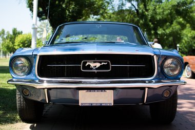 Subotica, Sırbistan-Temmuz 05,2015. Ford Mustang 289 edelbrock yıllık oldtimer araba Subotica 2015 göster. Çeşitli vintage arabalar ve motosikletler. Oldtimer Club Subotica kuruluşta.