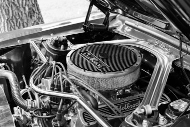 Subotica, Sırbistan-Temmuz 05,2015. Ford Mustang 289 edelbrock yıllık oldtimer araba Subotica 2015 göster. Çeşitli vintage arabalar ve motosikletler. Oldtimer Club Subotica kuruluşta.
